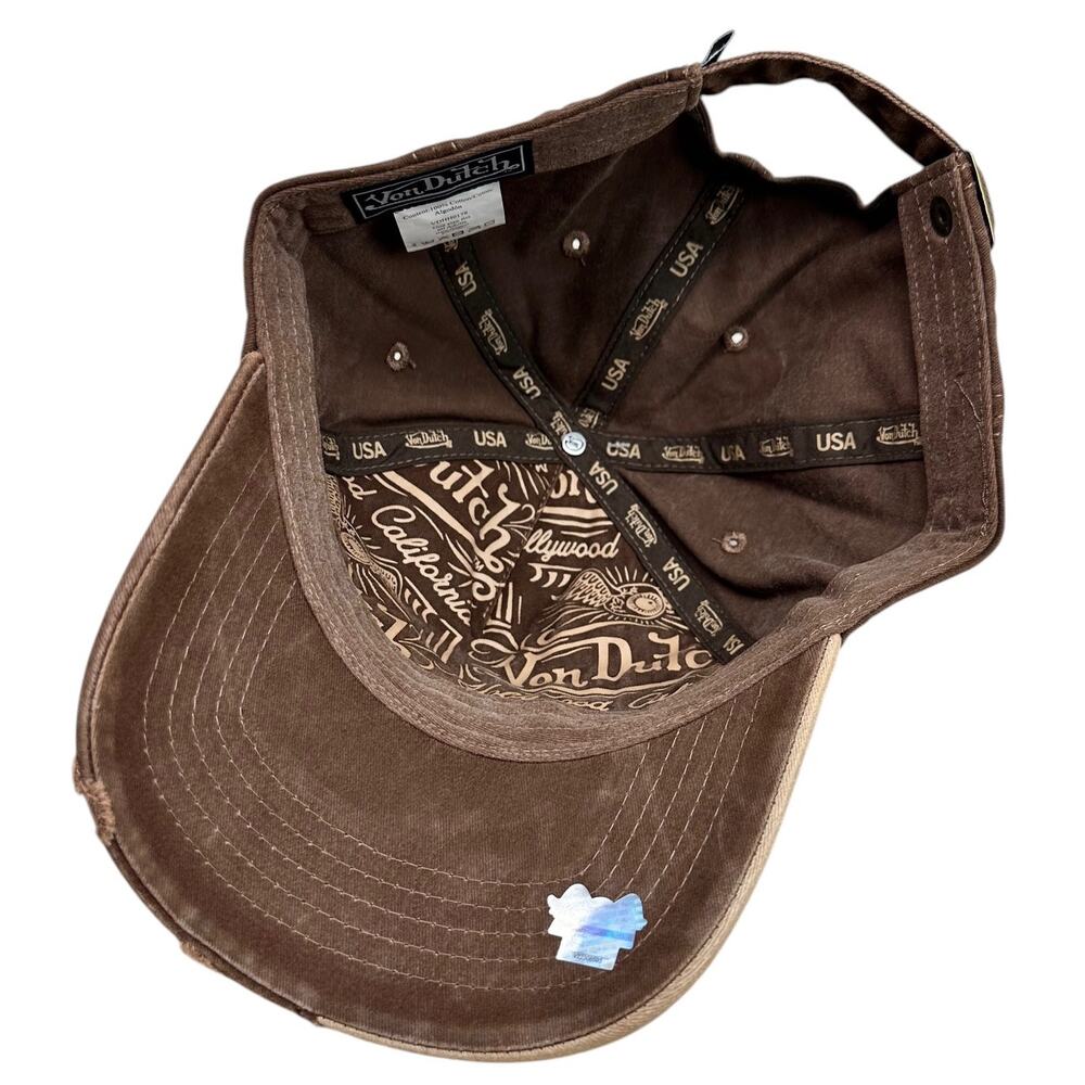 Von Dutch Trucker Hat Misfit Distressed Rips Embroidered Brown Strapback Cap - Picture 5 of 6